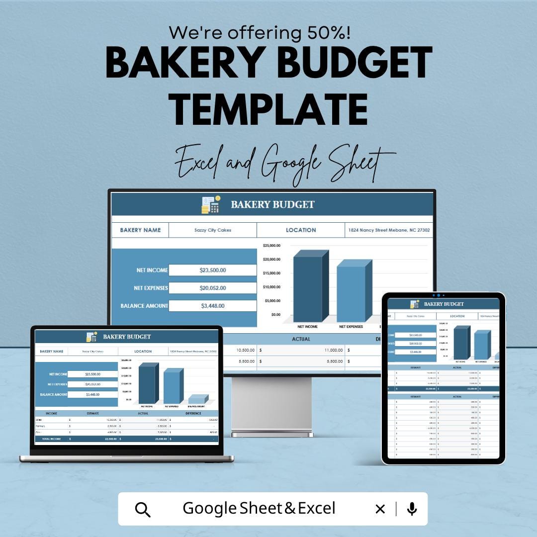 Bakery Budget Template | Bakery Expense Tracker Spreadsheet | Bakery Financial Planner | Excel & Google Sheets | Bakery Cost Calculator