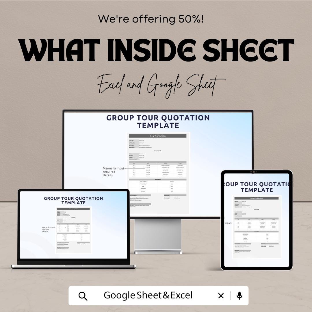 Group Tour Quotation Template for Excel & Google Sheets – 50% Off – Customizable Tour Quotation Sheet for Travel Agencies