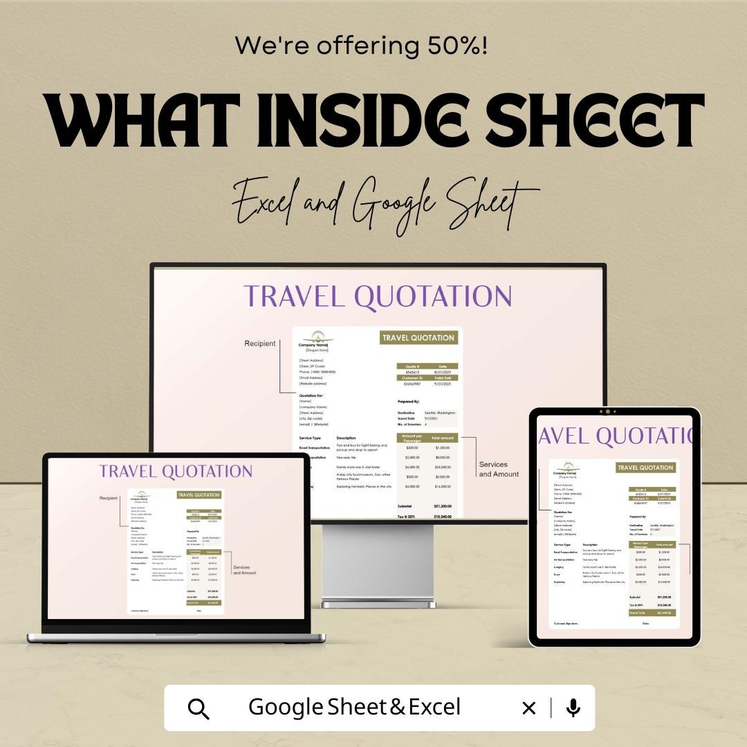 Travel Quotation Sheet - Professional Excel & Google Sheet Template for Pricing and Invoicing – 50% OFF