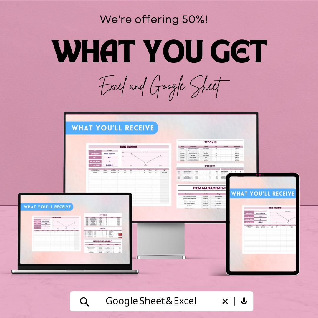 Hotel Inventory Template | Hospitality Stock Management Spreadsheet | Excel & Google Sheets Hotel Inventory Tracker | Stock In Stock Out Log