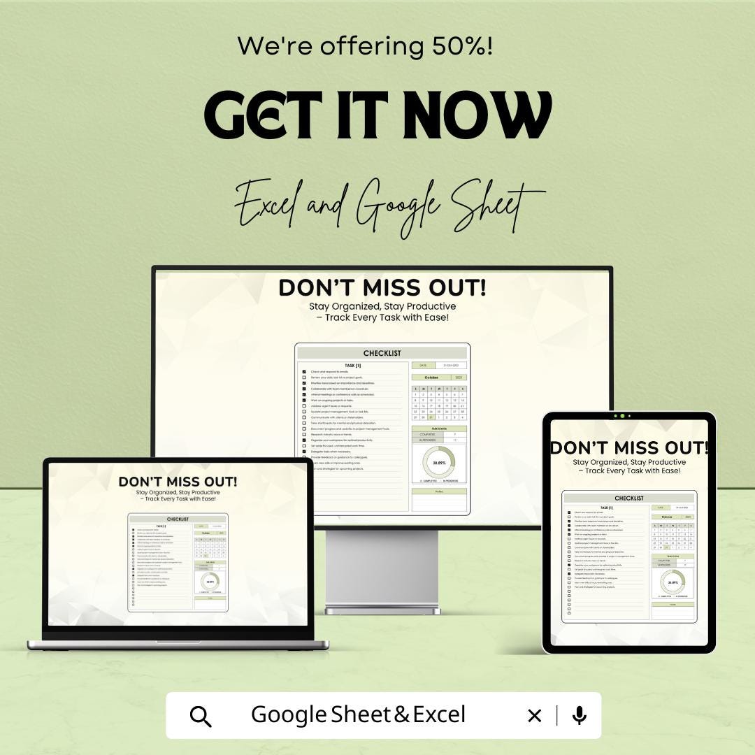 Checklist Sheet - Task Management Template for Excel & Google Sheets, Customizable To-Do List, Productivity Tracker, Instant Download