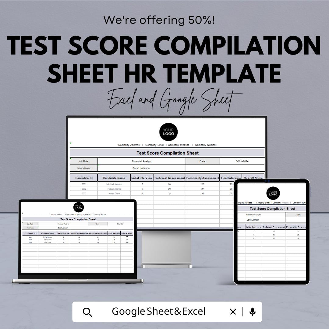 Test Score Compilation Sheet HR Template, Candidate Evaluation Spreadsheet, Interview Score Tracker