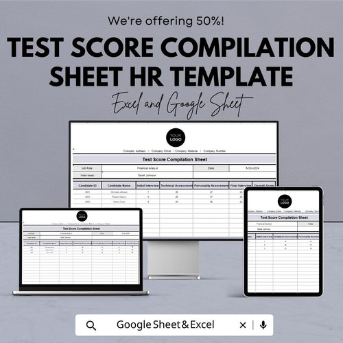 Test Score Compilation Sheet HR Template, Candidate Evaluation Spreadsheet, Interview Score Tracker