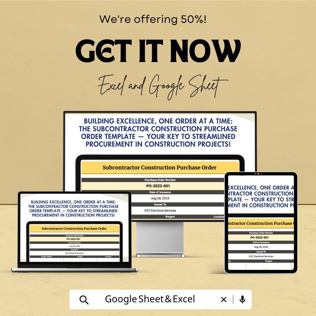 Subcontractor Construction Purchase Order Template | Contractor Procurement Tracker | Project Purchase Order Spreadsheet |