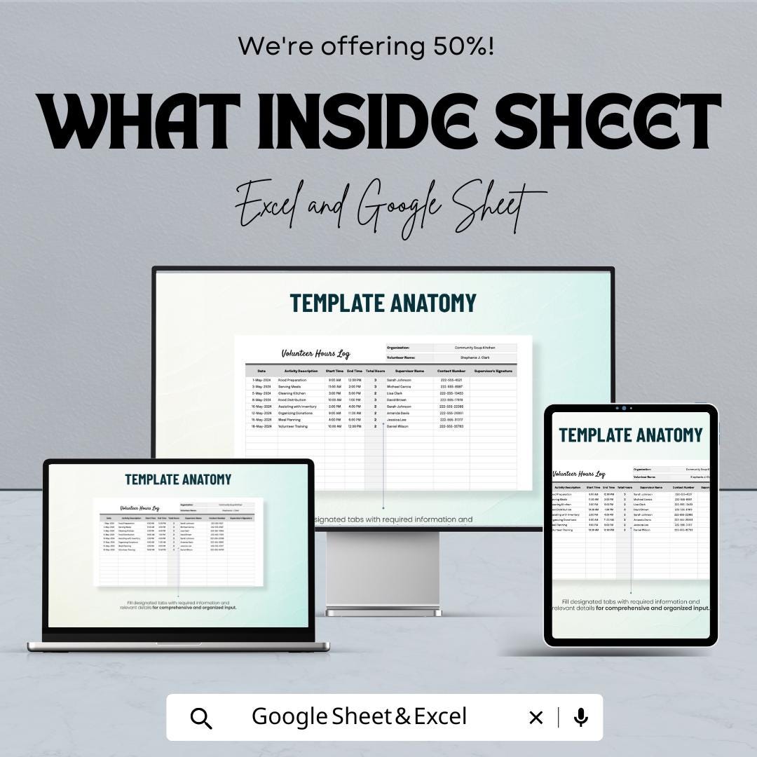 Volunteer Hours Log Sheet | Google Sheets and Excel | Track Volunteer Time, Activity & Supervisor Info | Printable Digital Template