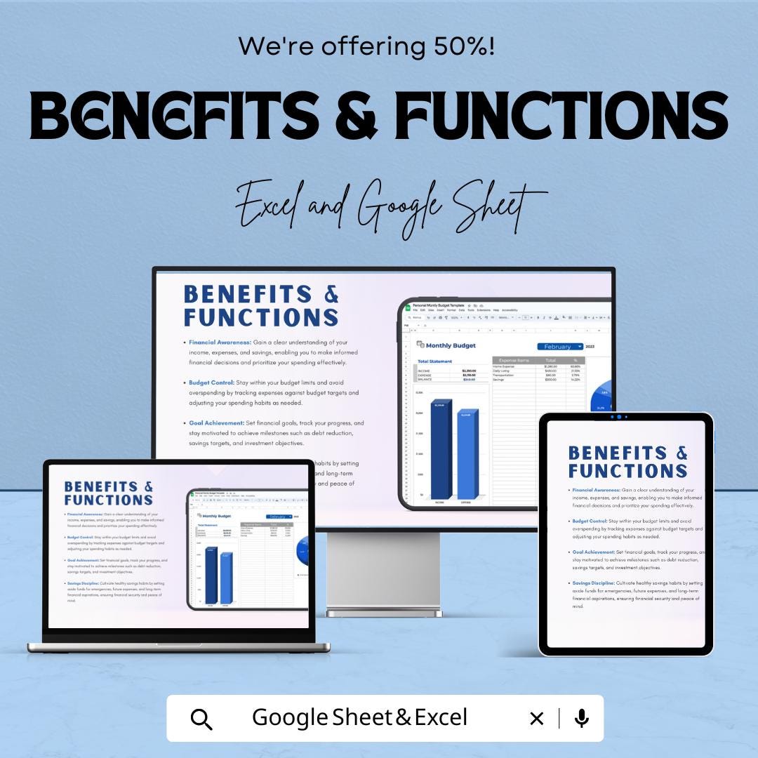 Personal Monthly Budget Sheet Template | Monthly Budget Planner | Google Sheet & Excel Budget Tracker | Easy Financial Management