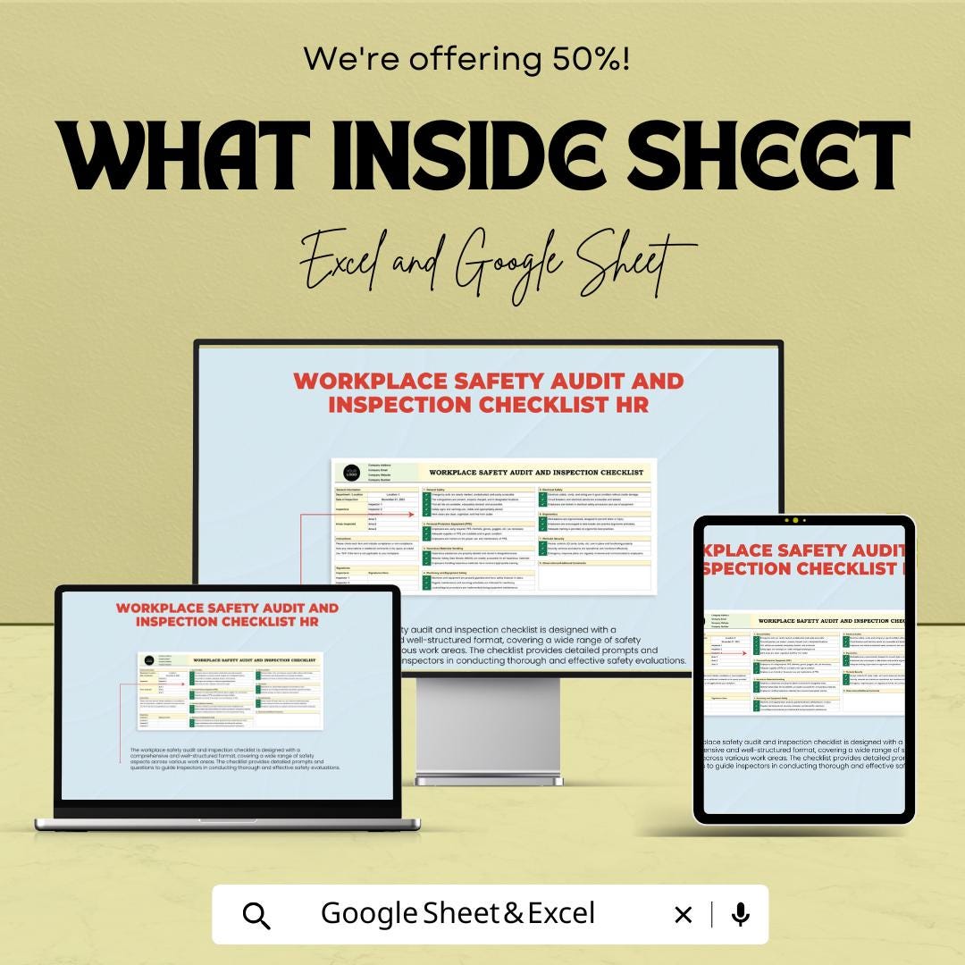 Workplace Safety Audit and Inspection Checklist HR Sheet | Google Sheet Template | Safety Management | Workplace Compliance |