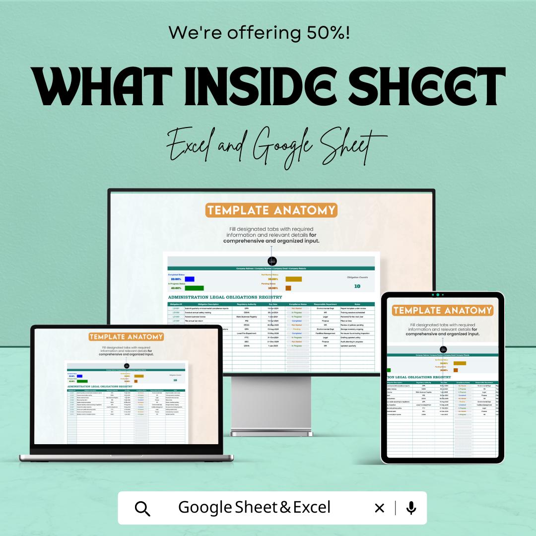 Administration Legal Obligations Registry Template | Compliance Tracker Spreadsheet | Legal Register Log | Business Compliance Template