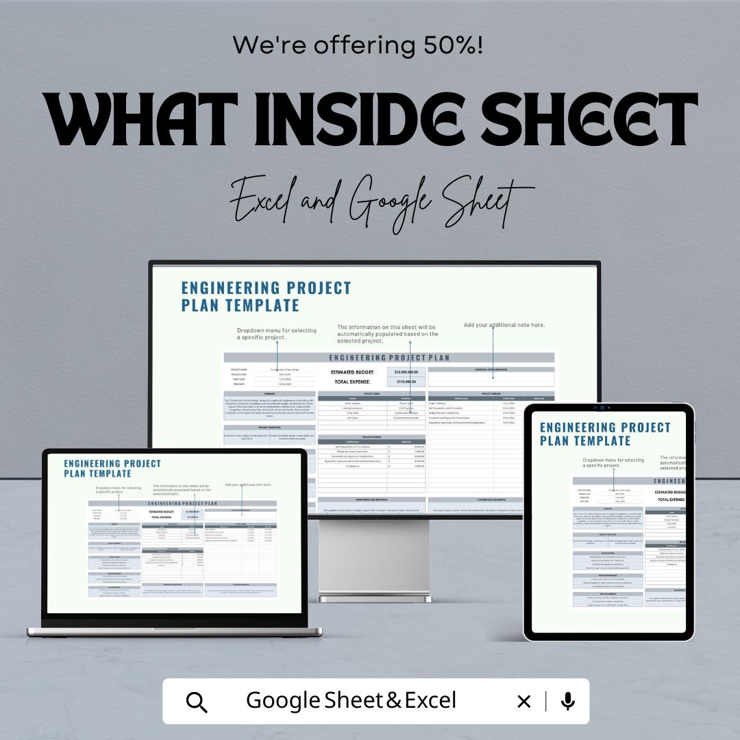 Engineering Project Plan Sheet | Excel & Google Sheets Template | Project Budgeting, Timeline Management, Task Assignment |