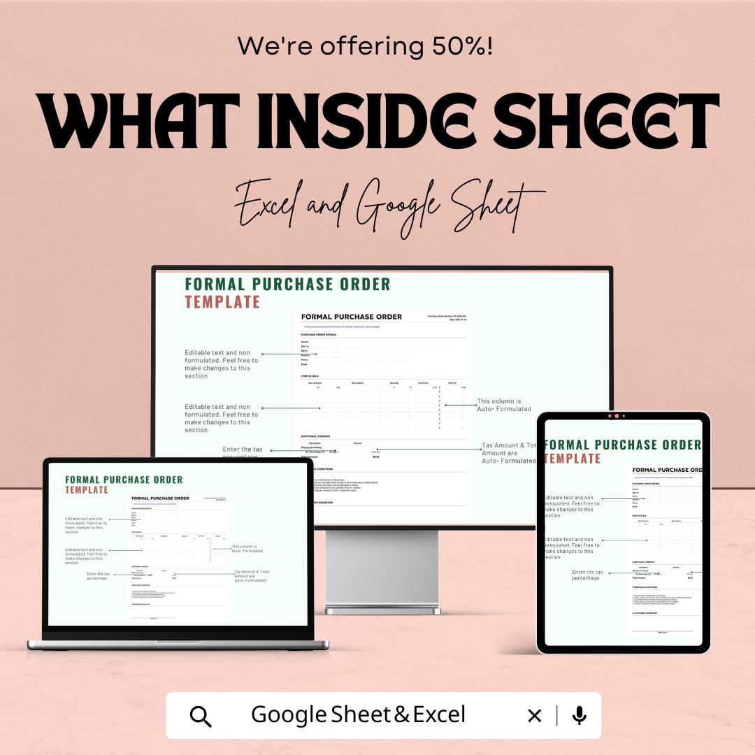 Formal Purchase Order Sheet | Fillable Excel & Google Sheet Template | Professional Procurement Template | Editable Order Form