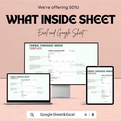 Formal Purchase Order Sheet | Fillable Excel & Google Sheet Template | Professional Procurement Template | Editable Order Form