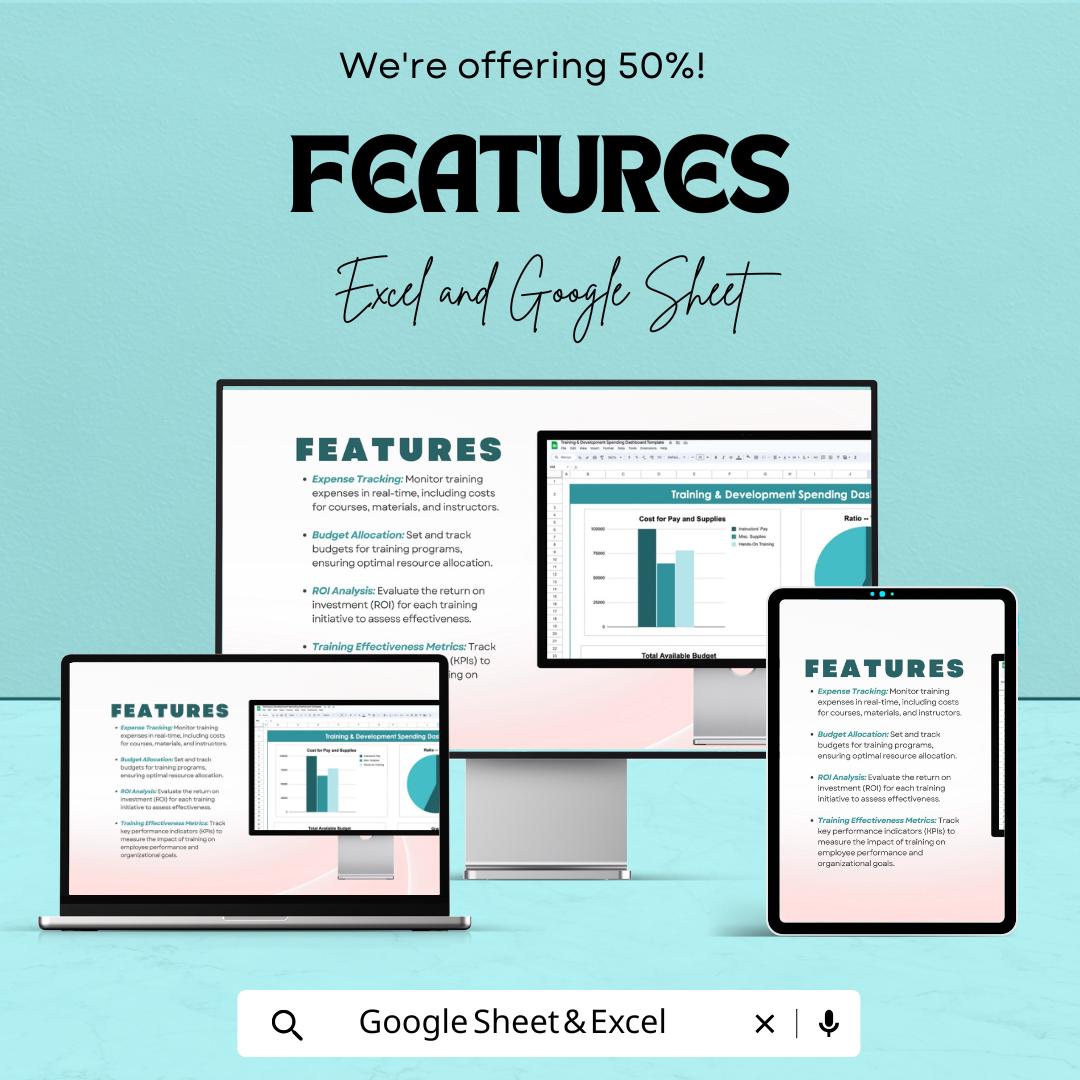 Training & Development Spending Dashboard Sheet | Google Sheets | Track Budget, ROI and Training Costs | Employee Training Management