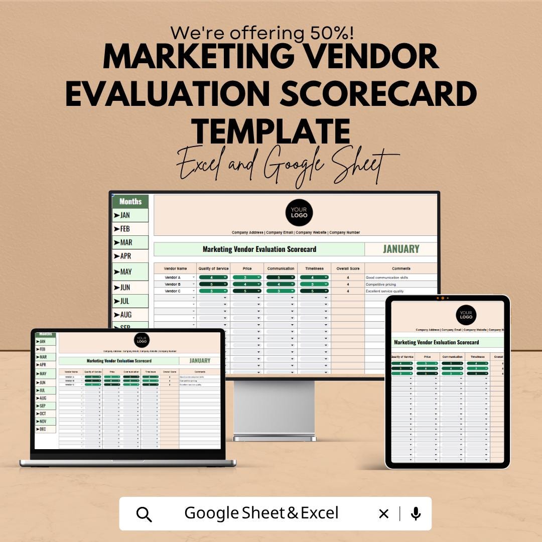 Marketing Vendor Evaluation Template | Vendor Scorecard Spreadsheet | Supplier Evaluation Matrix | Vendor Comparison Sheet