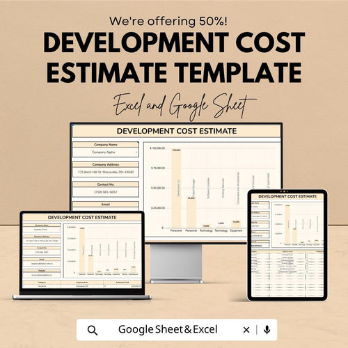 Development Cost Estimate Template | Project Budget Spreadsheet | Construction Cost Calculator | Excel & Google Sheets | Business Budget