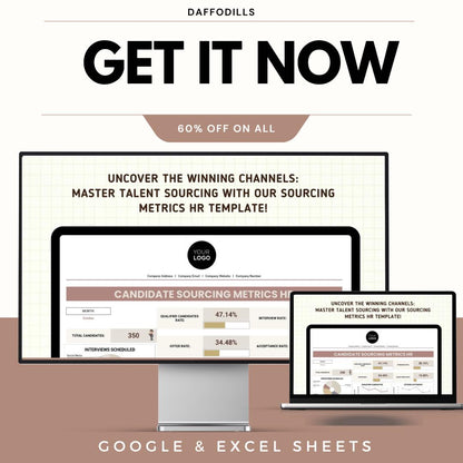 Candidate Sourcing Metrics HR Template, Recruitment Source Tracking Dashboard, Hiring Channel Analysis, Google Sheets Excel