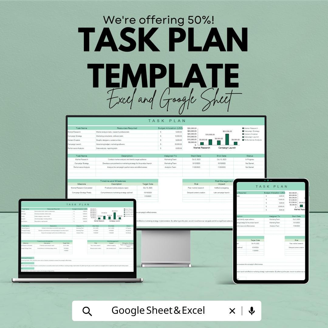 Task Plan Template | Project Management Planner | Editable Task Tracker | Digital Work Plan | Productivity Spreadsheet