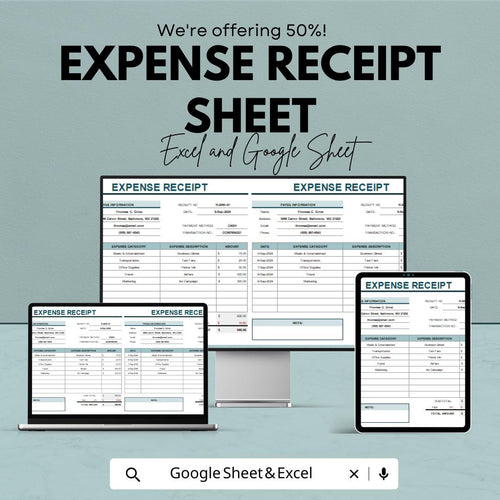 Expense Receipt Sheet | Excel & Google Sheet | Track Expenses, Payments, and Budgets | Customizable Financial Template