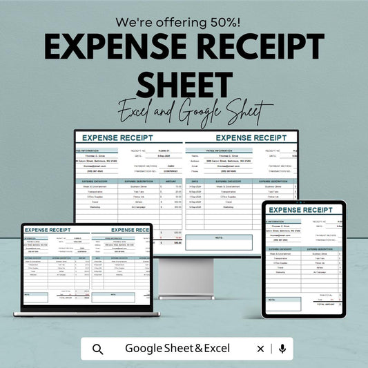 Expense Receipt Sheet | Excel & Google Sheet | Track Expenses, Payments, and Budgets | Customizable Financial Template