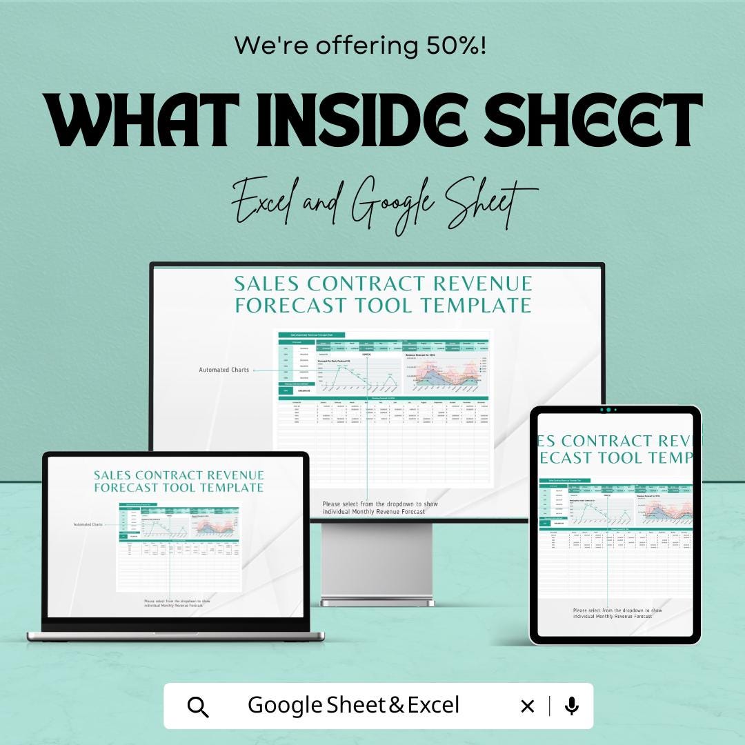 Sales Contract Revenue Forecast Tool Template | Revenue Forecast Google Sheets | Contract Tracking Spreadsheet | Sales Projection Template |