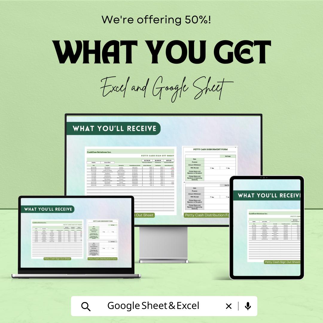 Petty Cash Sign Out Sheet | Google Sheets & Excel Template | Cash Flow Tracker | Easy Record Keeping | Automated Petty Cash Template