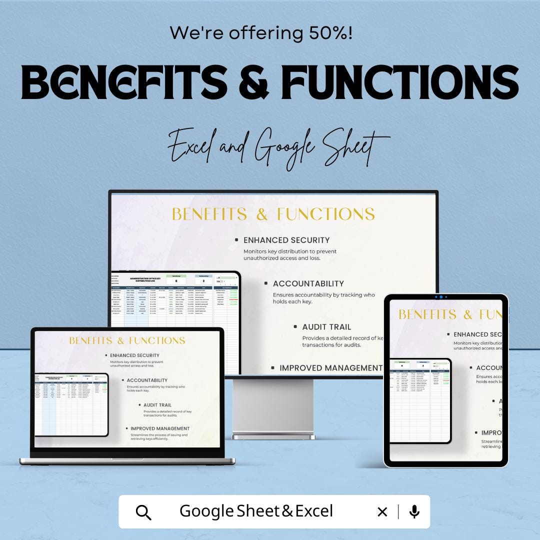 Administration Office Key Distribution Log Template | Excel & Google Sheets | Key Tracking Spreadsheet | Office Key Control Log