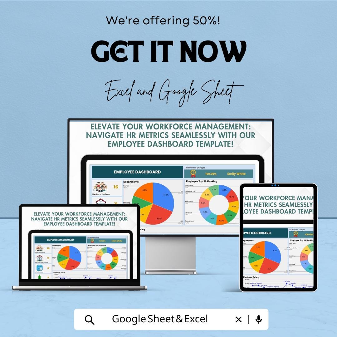 Employee Dashboard Template - Google Sheet | Employee Performance Tracker | HR Metrics | Work Hours, Salary, & Productivity Analysis