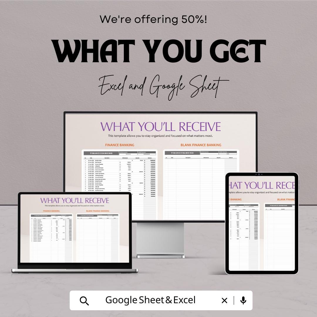 Finance Banking Template | Transaction Tracker | Income and Expense Log | Account Balance Spreadsheet