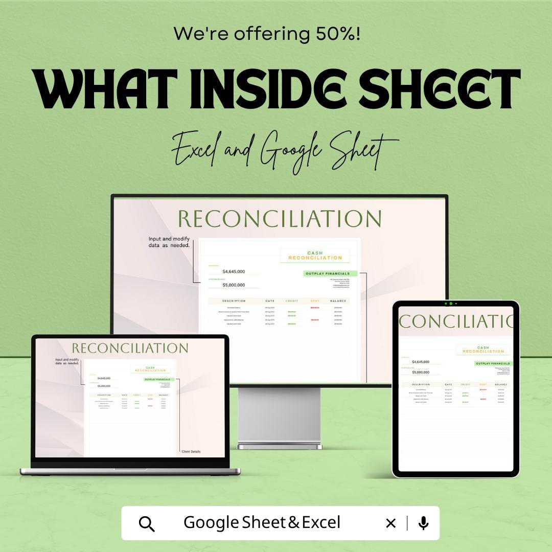 Cash Reconciliation Template | Cash Flow Reconciliation Spreadsheet | Financial Balance Tracker Template | Excel & Google Sheets |