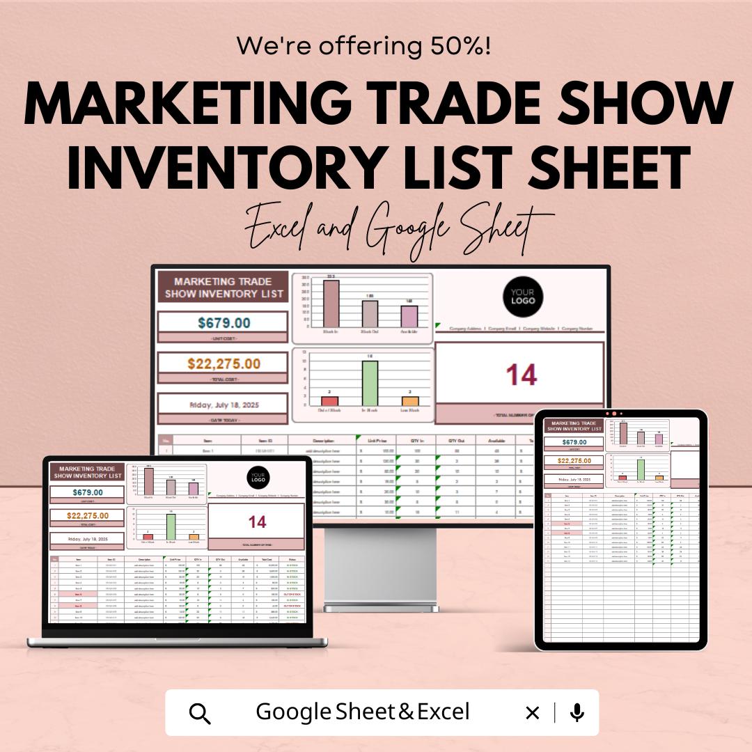 Marketing Trade Show Inventory List Sheet | Track Your Trade Show Inventory & Sales | Budget Management Template | Customizable Inventory