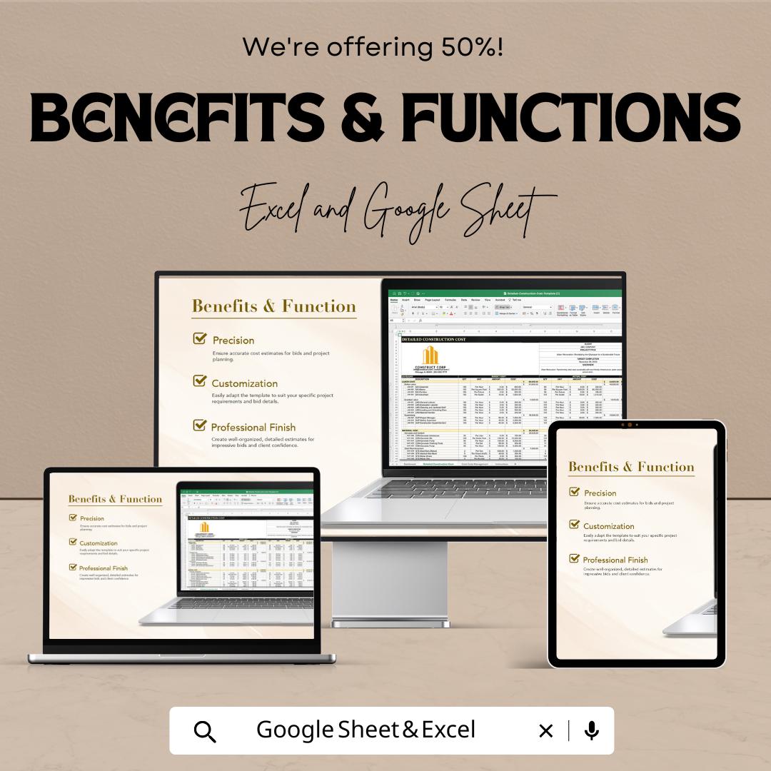 Detailed Construction Cost Template | Construction Budget Spreadsheet | Cost Breakdown and Variance | Excel & Google Sheets