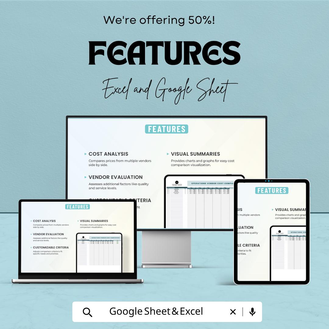 Operations Vendor Cost Comparison Template | Supplier Price Analysis Spreadsheet | Procurement Budget Tracker | Vendor Evaluation Sheet |