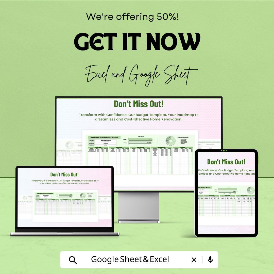 Home Renovation Project Budget Template | Excel & Google Sheets | Remodel Budget Planner | Home Improvement Cost Tracker