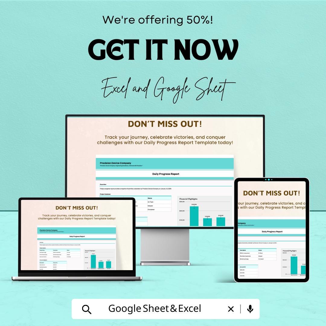 Daily Progress Report Template | Excel and Google Sheets | Business Report Tracker | Project Management Sheet | Productivity & Task Tracker