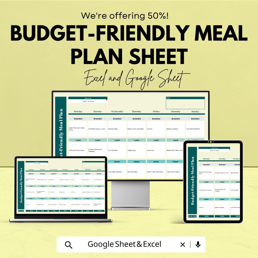 Budget-Friendly Meal Plan Sheet | Excel & Google Sheet Template for Smart Meal Planning