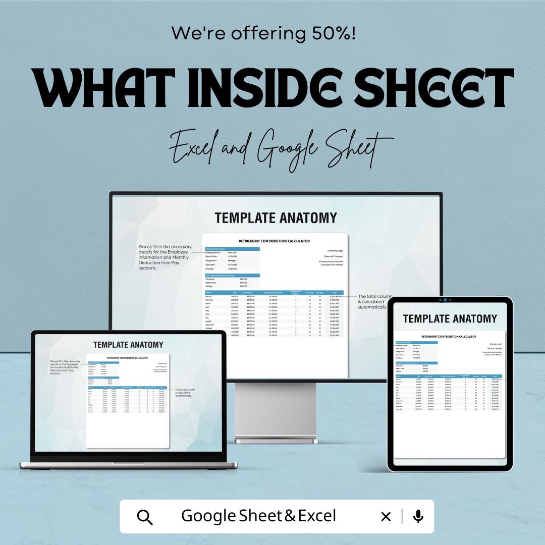 Retirement Contribution Calculator Template | Savings Projection Workbook | Investment Growth Calculator | Editable Financial Planner