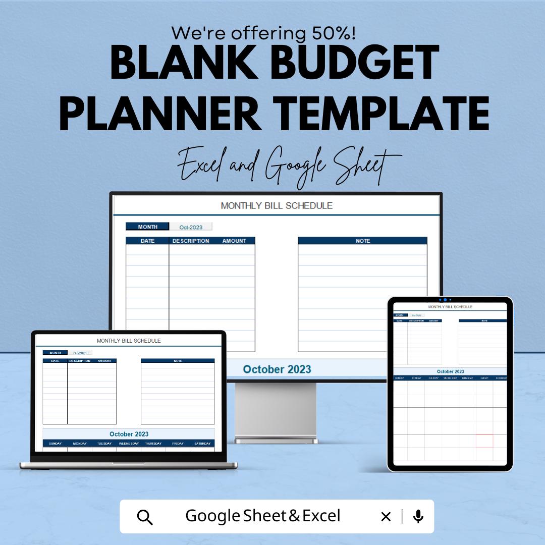 Blank Budget Planner Template | Monthly Bill Tracker | Digital Budget Spreadsheet | Excel Finance Planner | Expense Tracker Template