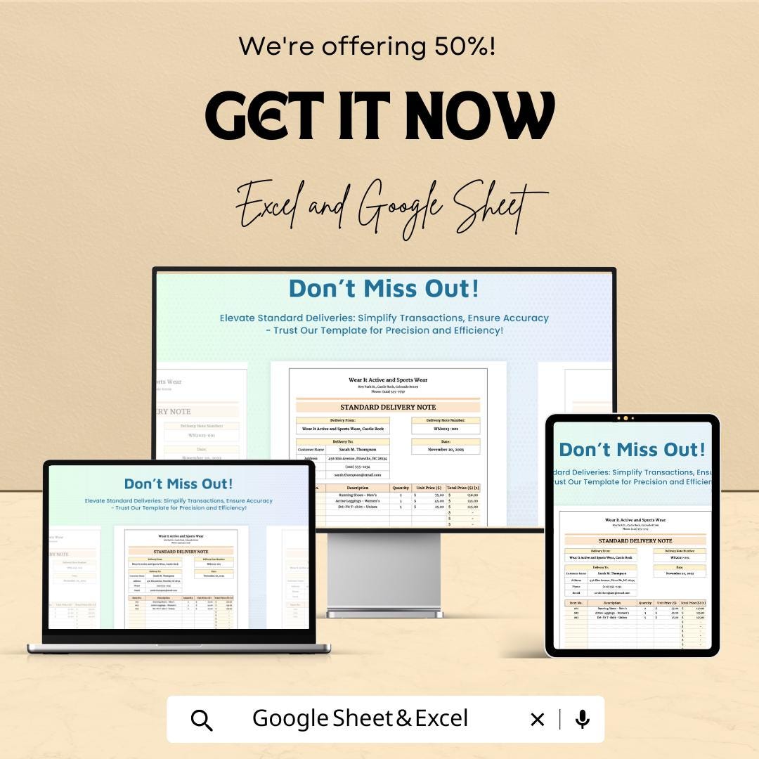 Standard Delivery Note Template | Editable Delivery Form | Excel & Google Sheets | Business Shipping Template | Printable Delivery Note