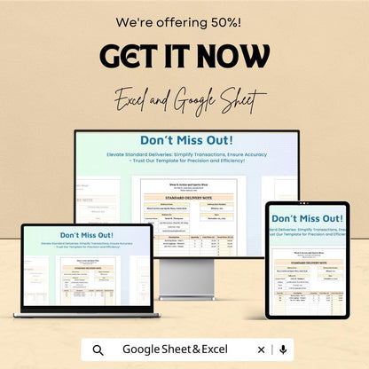 Standard Delivery Note Template | Editable Delivery Form | Excel & Google Sheets | Business Shipping Template | Printable Delivery Note