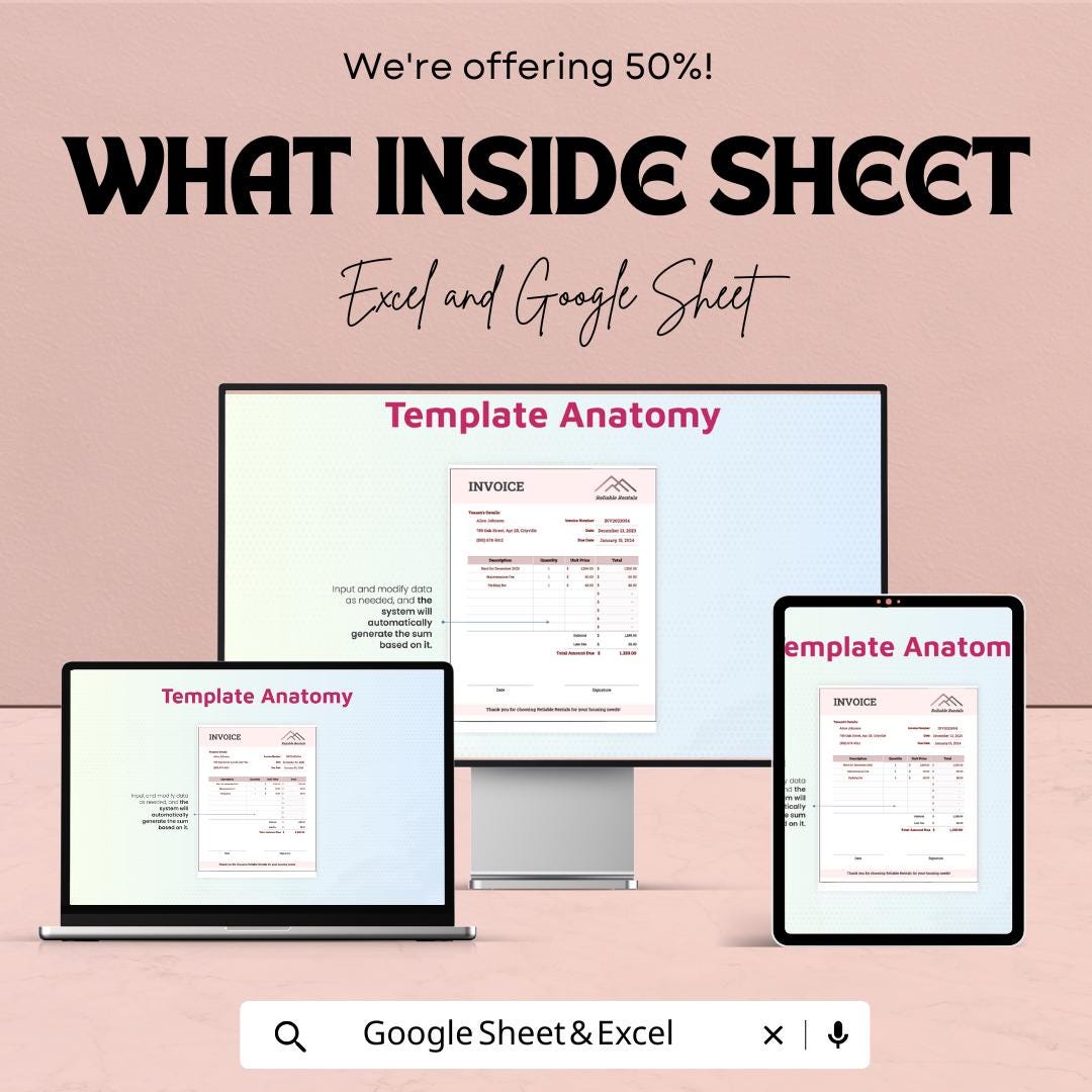 Rent Invoice Template | Excel & Google Sheets | Customizable Rental Invoice | Easy-to-Use Invoice for Rent Payments | Instant Download