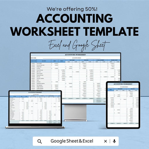 Accounting Worksheet Template | Excel and Google Sheets | Financial Statement Preparation | Trial Balance Template | Accounting Spreadsheet