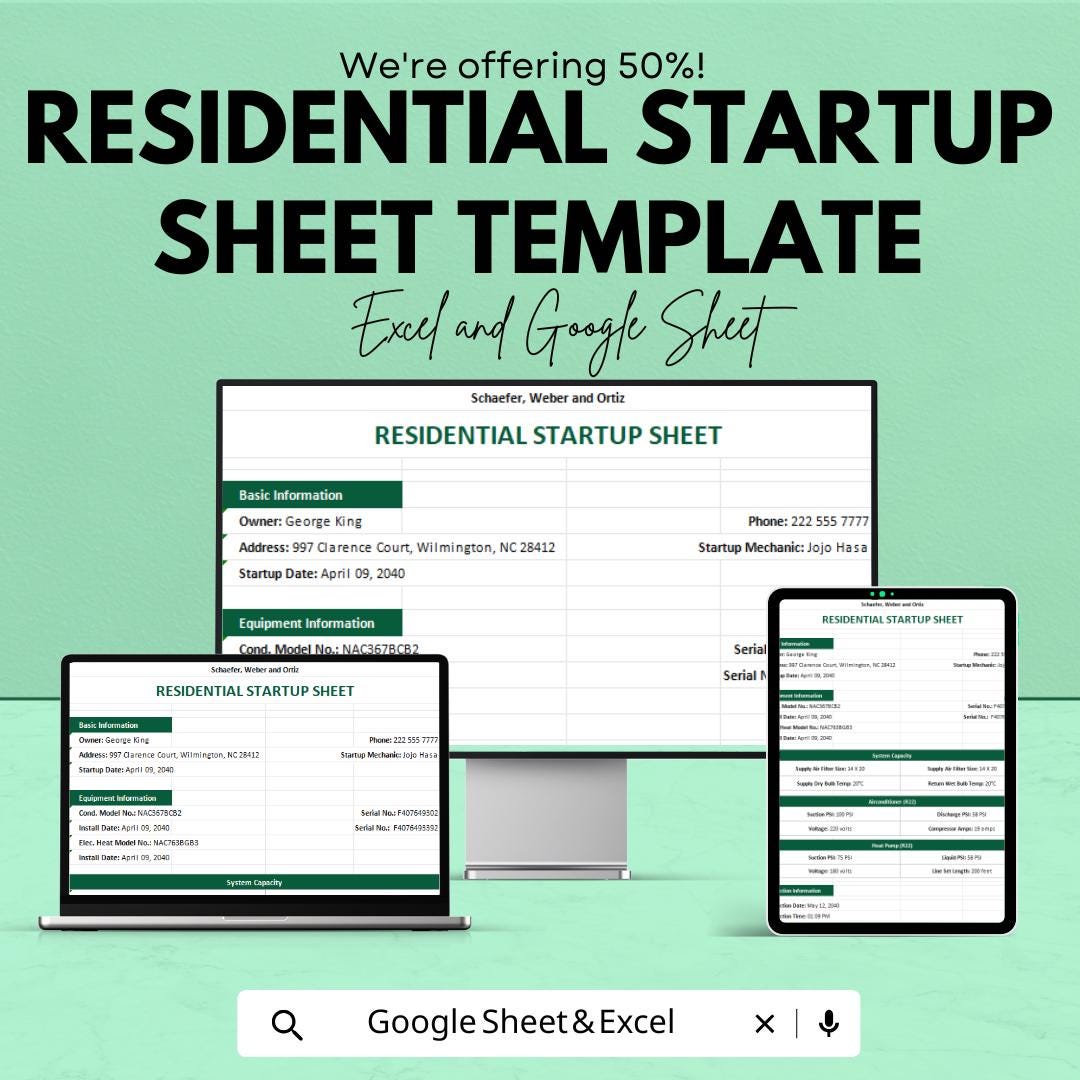 Residential Start-Up Sheet Template | Excel & Google Sheets | HVAC Start-up Form | Equipment Installation Log | Home Service Checklist