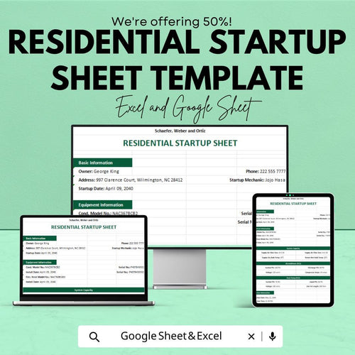 Residential Start-Up Sheet Template | Excel & Google Sheets | HVAC Start-up Form | Equipment Installation Log | Home Service Checklist
