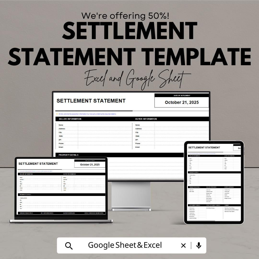 Settlement Statement Template | Excel and Google Sheet | Real Estate Closing Sheet | Buyer & Seller Financial Summary Form