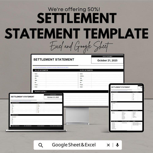 Settlement Statement Template | Excel and Google Sheet | Real Estate Closing Sheet | Buyer & Seller Financial Summary Form