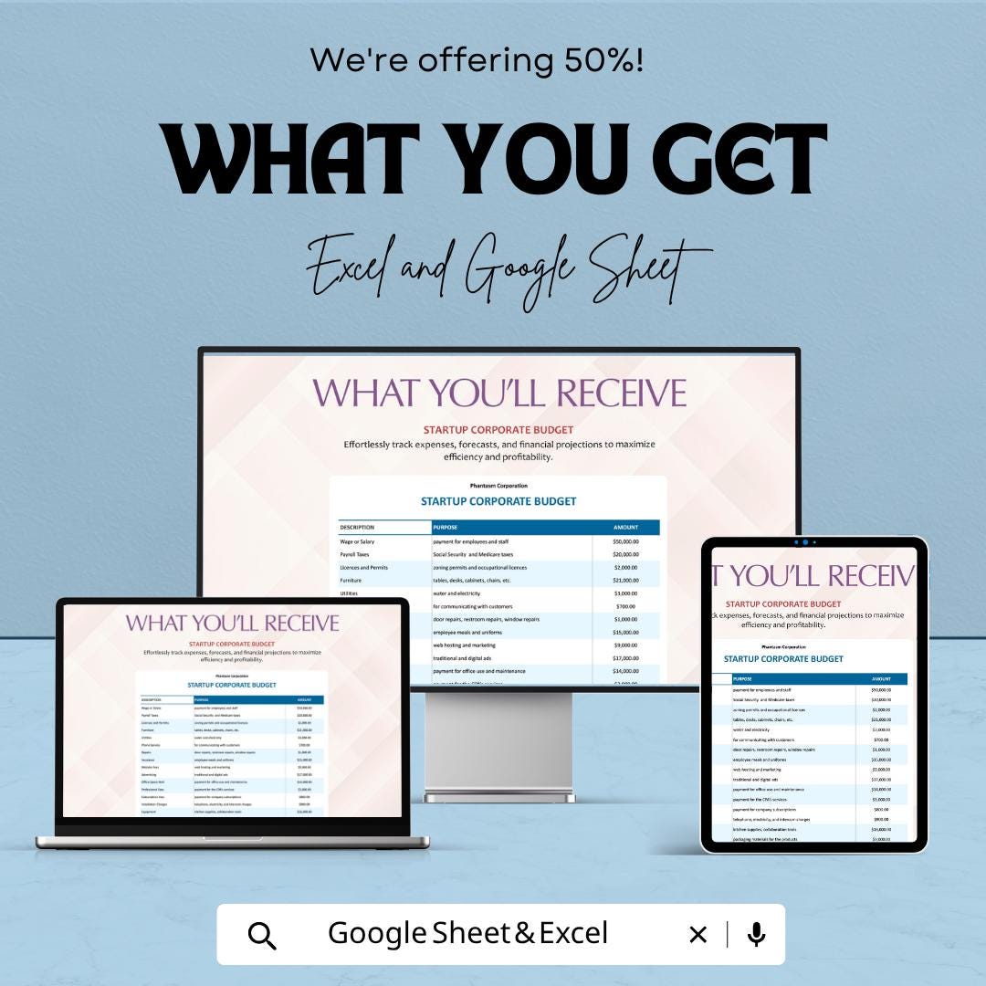Startup Corporate Budget Template | Corporate Budget Spreadsheet | Business Financial Planning Sheet | Excel & Google Sheets |
