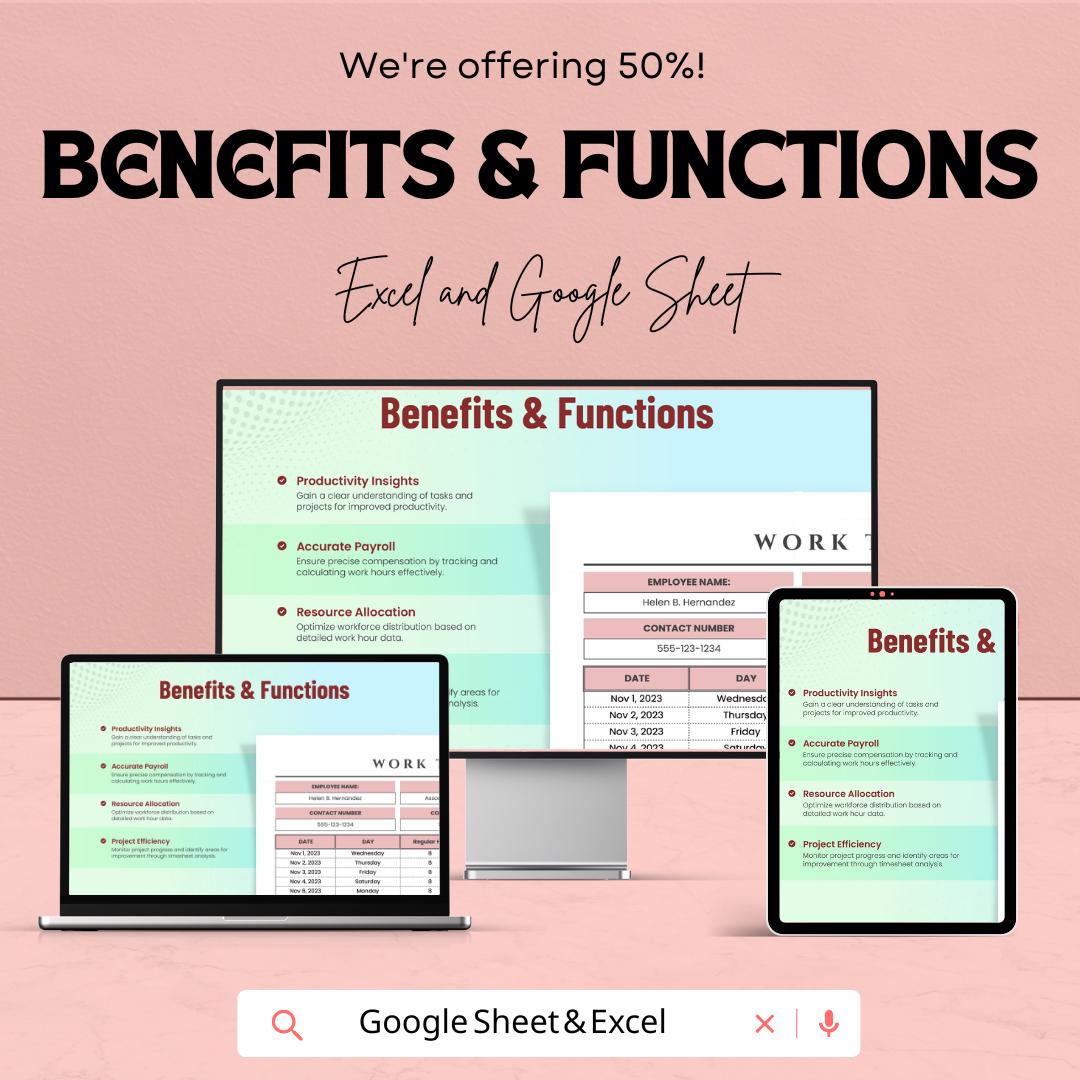 Work Timesheet Sheet for Employee Hours | Track Work Hours, Overtime, and Payroll | Excel and Google Sheet Template