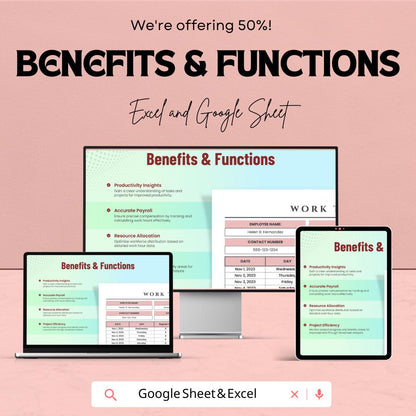 Work Timesheet Sheet for Employee Hours | Track Work Hours, Overtime, and Payroll | Excel and Google Sheet Template