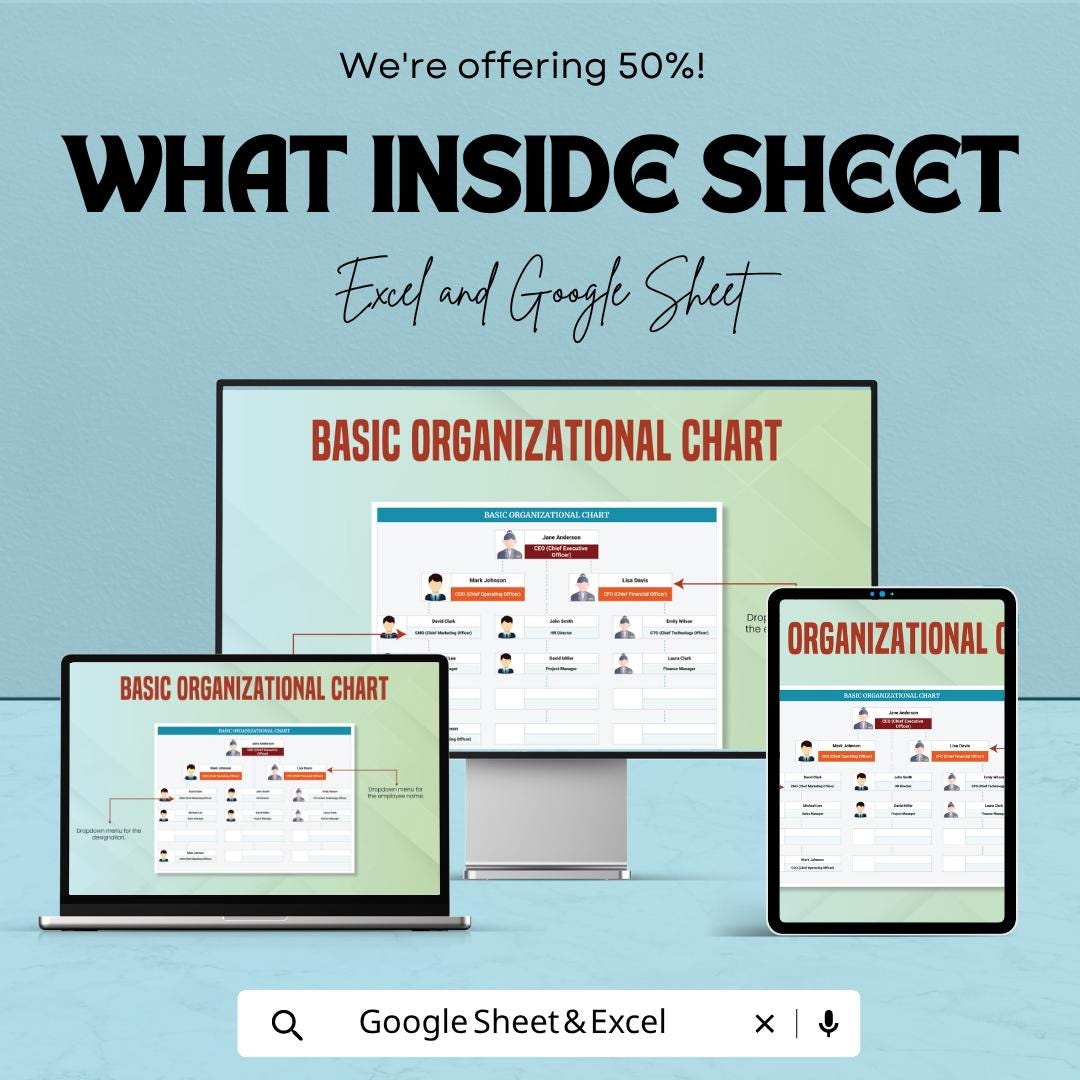 Basic Organizational Chart Template | Org Chart Spreadsheet | Company Structure Template | Excel & Google Sheets | Employee Hierarchy Chart