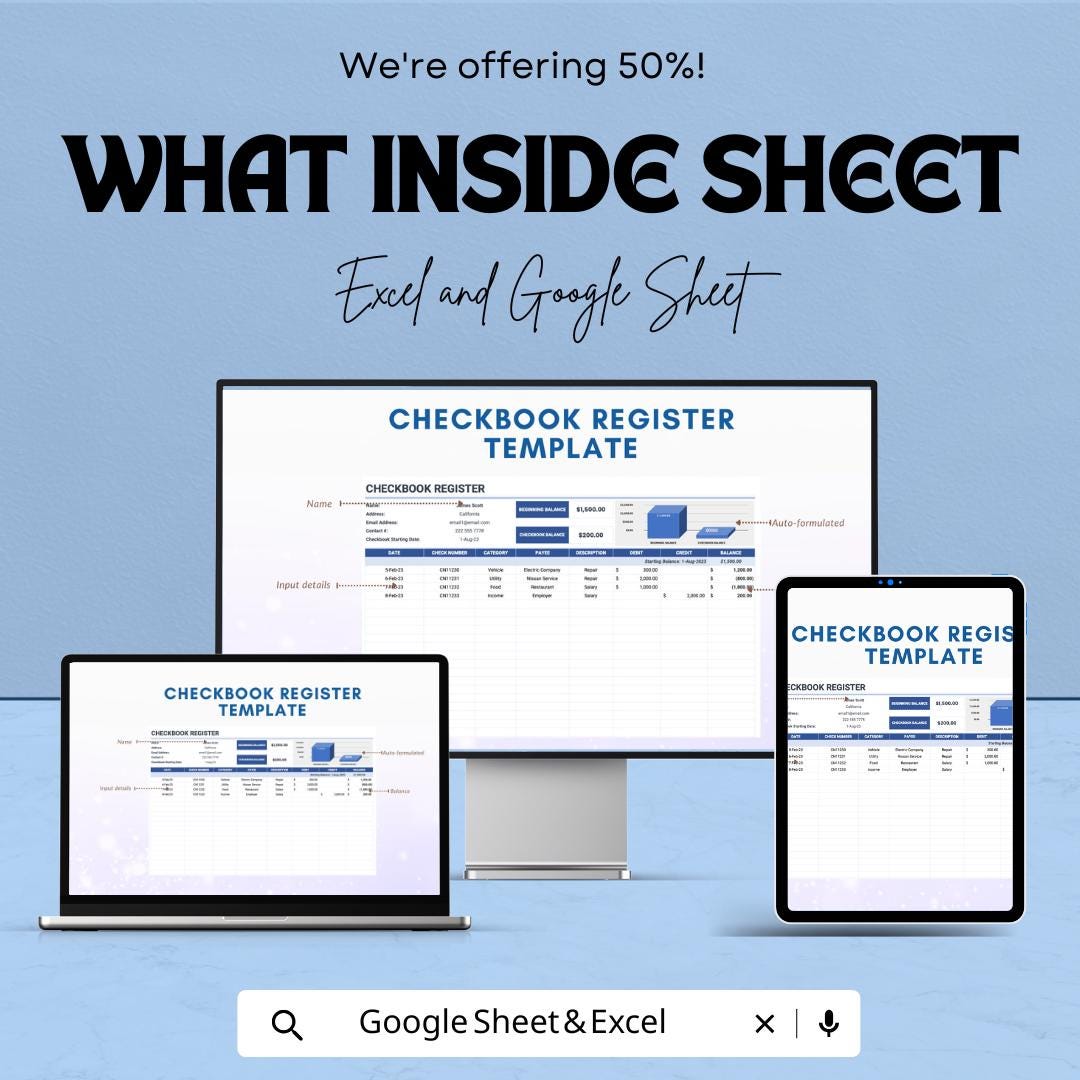 Checkbook Register Sheet | Budget Management | Google Sheet Template | Track Transactions, Expenses & Balances | Personal Finance Organizer