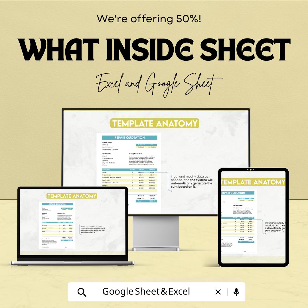 Sample Repair Quotation Sheet - Excel and Google Sheets Template | 50% Off | Construction & Home Repair Quotes